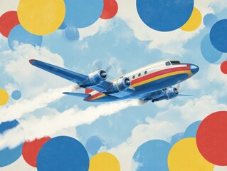Vibrant Airplane Soaring Through Colorful Background in Pop Art Style