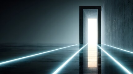 Obraz premium Empty, futuristic hallway with neon lights and a large doorway.