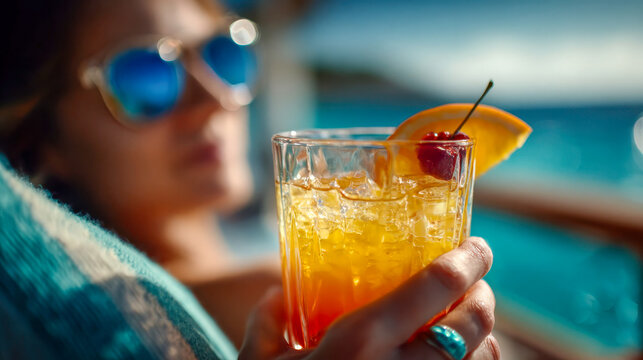 Close-up of a couple relaxing poolside, enjoying refreshing orange cocktails under the sun