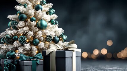 Festive christmas tree with ornaments and gift boxes in elegant blue and silver decorations - Powered by Adobe