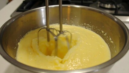 Mixing batter in a stainless steel bowl