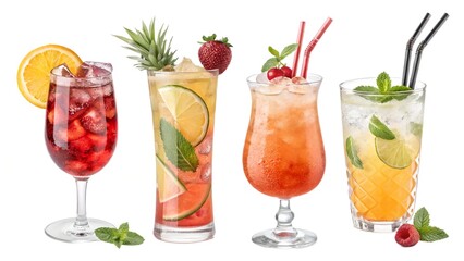 Sweet strawberry and cherry fruit cocktails with refreshing mint leaves and ice in a glass