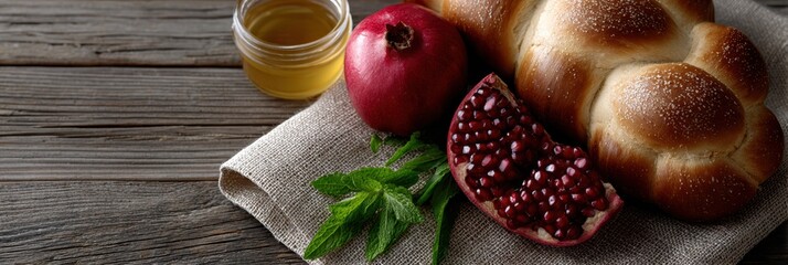 jewish holiday celebration, rustic wooden table backdrop with cozy banner, displaying festive foods like challah, apples, honey, and pomegranates in soft natural light side left open for text