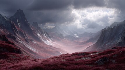 Majestic Matte Landscape with Cascading Mountains and Vibrant Red Terrain Under Dramatic Skies