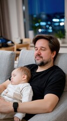 Obraz premium A man comfortably sits on the sofa at night, nurturing his baby and enjoying quality time while watching television in a cozy living room