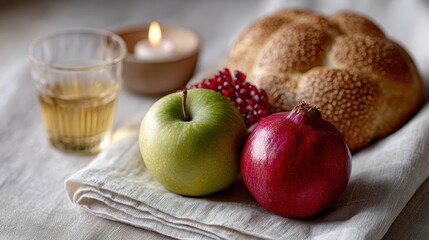 festive holiday greeting, top-down view of a handwritten rosh hashanah card next to traditional symbolic foods
