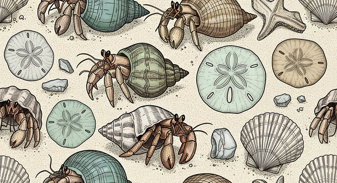 Charming hermit crabs and seashells pattern evokes beach memories, perfect for coastal decor, summer-themed designs, and nautical projects