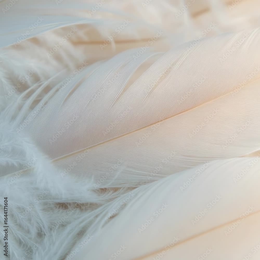 Poster a close-up view of a single white feather sitting on a white background, perfect for use in various 