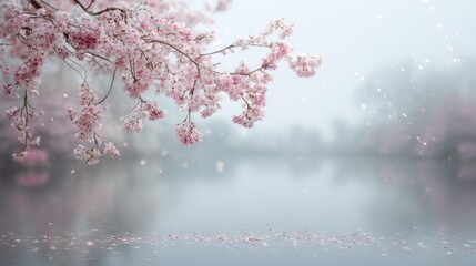 Serene Cherry Blossom Scene with Soft Focus Over Tranquil Water in Gentle Spring Light