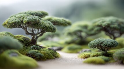Serene Japanese Bonsai Garden with Miniature Trees and Lush Greenery in Soft Focus