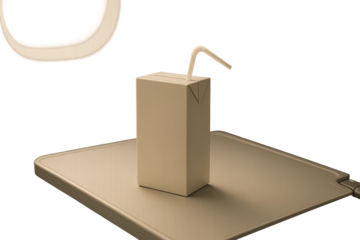 Juice box with straw on wooden board on transparent background