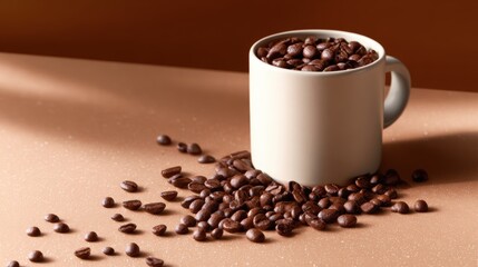 Obraz premium A cozy scene featuring a cup overflowing with coffee beans on a warm, textured surface, evoking comfort