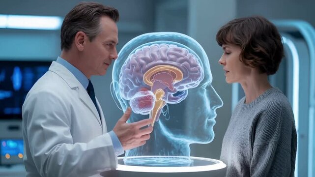 Doctor Explaining Brain Anatomy to Patient Using Holographic Technology