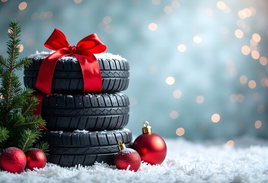 Stack of winter tires with red bow on festive background, space for text