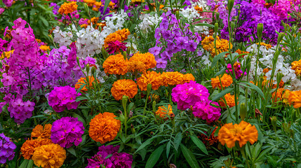 Obraz premium Vibrant floral display of orange pink purple and white blossoms flowers garden
