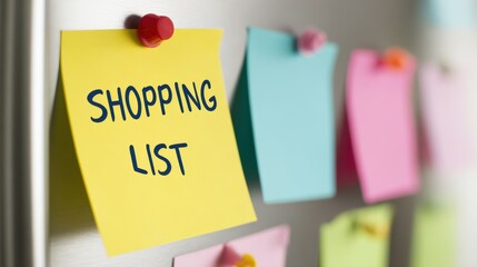 Colorful sticky notes on a fridge with a prominent shopping list, showcasing organization and planning