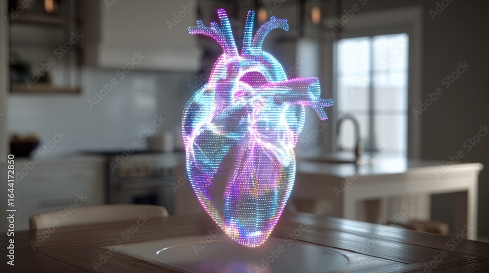 Poster focused medium shot on a pulsating 3d heart hologram displayed above a modern kitchen table with blu