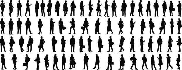 Silhouettes of business people, walking, standing, holding bags, vector set, corporate poses, black design, human figures, fashion, reference