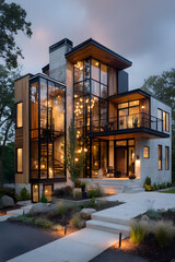 Modern Two-Story House with Glass Balcony at Dusk