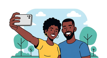 A couple taking a selfie in a park with a smartphone and smiling with trees and clouds in the background