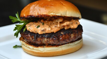 A zesty blackened burger bursting with Cajun spices, layered with rich, tangy remoulade sauce on a fresh bun.