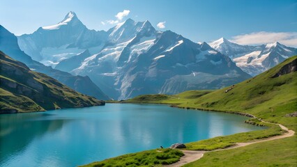 Fototapeta premium Lake Louise in Banff National Park, Canada, is a scenic mountain landscape with turquoise water reflecting the surrounding snow-capped peaks and sky