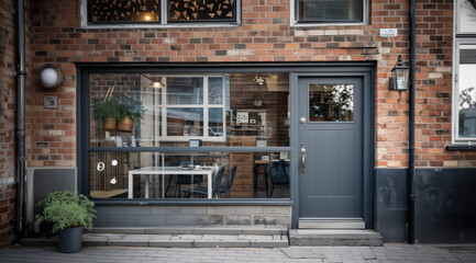 Cozy Scandinavian-style facade of cafe, studio or creative bureau with large window and brick wall