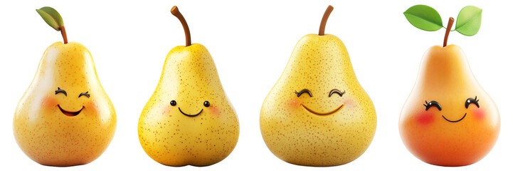 Set of cute pear with smiling face isolated on a transparent background