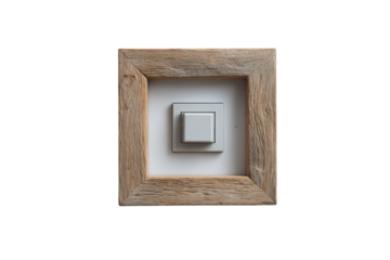 A wooden frame with an LED light switch on the wall, white isolated on a transparent background in PNG format.