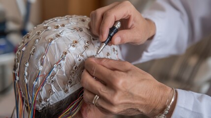 Focused view of technician attaching electrode gel to a 19channel neurofeedback cap medium shot with sharp gel application and blurred patient and room elements.