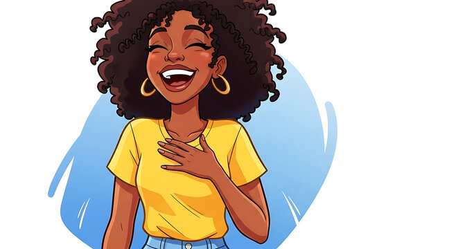 Cartoon woman with curly hair laughing and wearing a yellow shirt with hand on chest in front of blue background