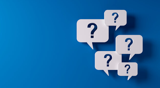 Question mark speech bubbles in front of a blue wall - 3D illustration