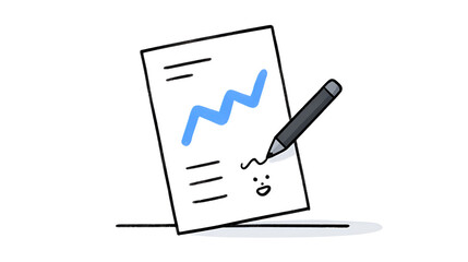 A Simple Illustration of a White Document with a Light Blue Graph and a Dark Grey Pen Drawing a Happy Face Signature on a White Background