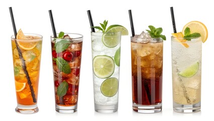 Fototapeta premium A vibrant mojito cocktail with fresh lime and mint leaves is a refreshing summer drink, isolated on a clean white background