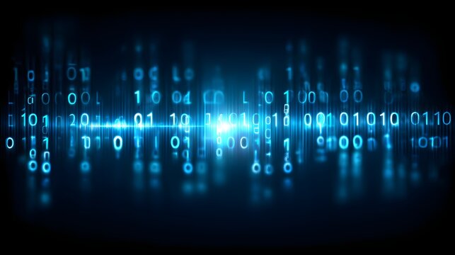 Abstract digital binary code graphic with glowing effect.