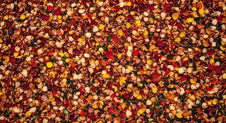 A vibrant carpet of colorful autumn leaves covering the ground, creating a rich natural texture and seasonal background.