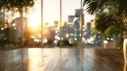 Naklejka premium Golden Hour Cityscape View from a Wooden Table