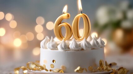 60th birthday cake with tall white candles and glowing festive lights