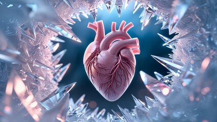 Human heart surrounded by frozen shards against a dark blue background