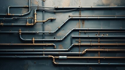 Complex Network of Plumbing Pipes in Gray and Gold Tones on a Textured Wall