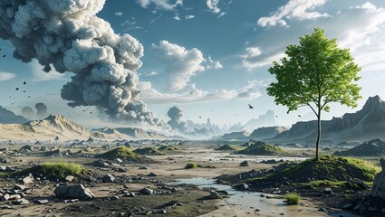 Aftermath: A Lonely Tree Stands Tall Before a Volcanic Eruption, Symbol of Persistence