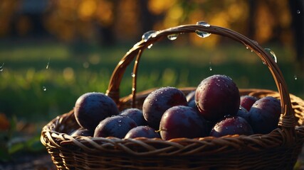 Basket Full of Plums in the Orchard on a Rainy Day with Water Droplets on the Fruit