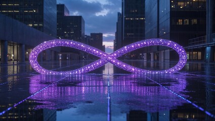 Illuminated Infinity Sign on Wet Urban Plaza Reflecting City Lights at Night