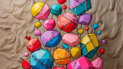 Colorful cartoon drawing of patchwork shapes on a textured furry background, abstract art.