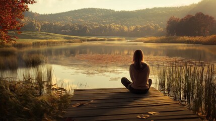 Tranquil autumn meditation by the lakeside at sunset