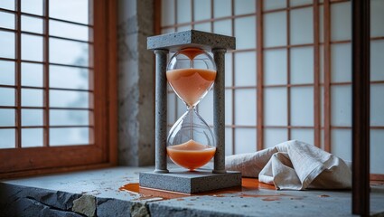 Filled Hourglass in Front of Japanese-Style Window, with Spill, next to Linen