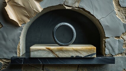 Stone ring on marble and granite shelf inside decaying stone archway with exposed backing
