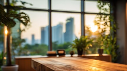 Fototapeta premium Sunset Cityscape View from Wooden Table
