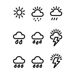 Fototapeta premium Set of minimalist black and white weather icons including sun clouds rain snow and lightning in clean line-art style