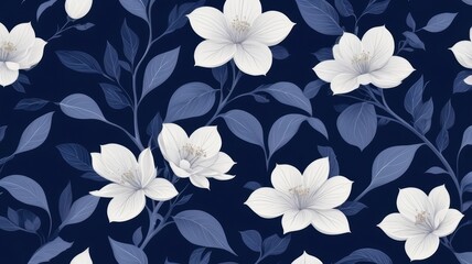 Elegant floral pattern with delicate white flowers and indigo leaves for sophisticated designs and luxurious backgrounds